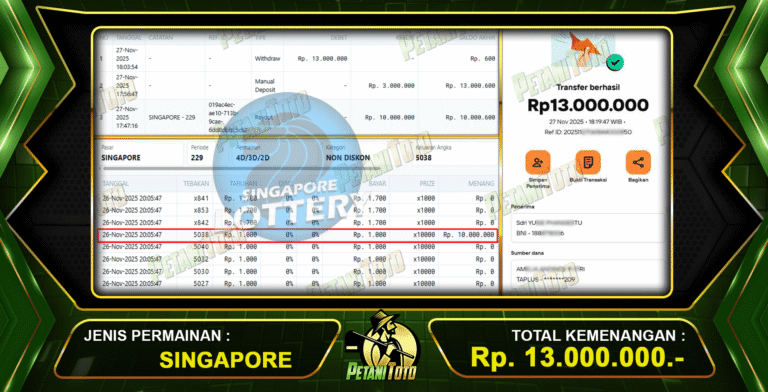 MENANG SINGAPORE DIBAYAR PETANITOTO