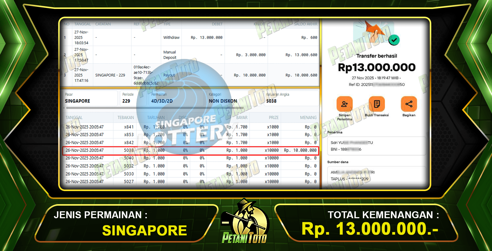 MENANG SINGAPORE DIBAYAR PETANITOTO