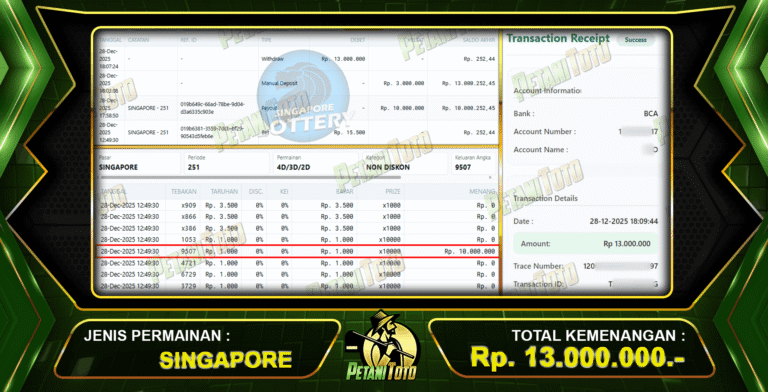 TOGEL SINGAPORE PECAH 13JT